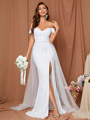 LOVE&LEMONADE Off Shoulder Split Thigh Mermaid Sequin Wedding Dress