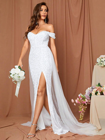LOVE&LEMONADE Off Shoulder Split Thigh Mermaid Sequin Wedding Dress
