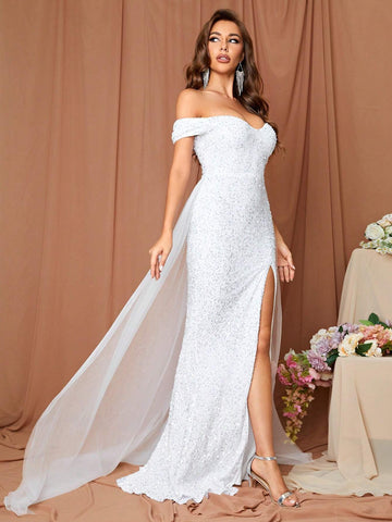 LOVE&LEMONADE Off Shoulder Split Thigh Mermaid Sequin Wedding Dress