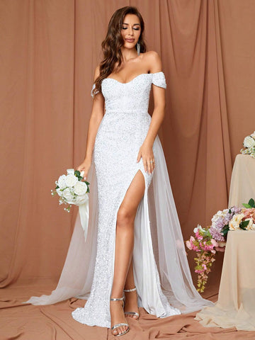 LOVE&LEMONADE Off Shoulder Split Thigh Mermaid Sequin Wedding Dress