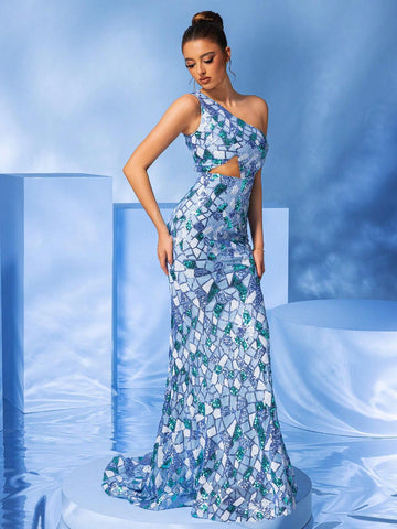 LOVE&LEMONADE One-Shoulder Light Blue Glitter Evening Dress