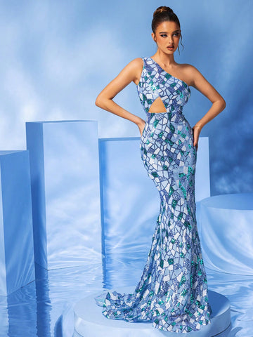 LOVE&LEMONADE One-Shoulder Light Blue Glitter Evening Dress