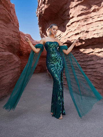 LOVE&LEMONADE One Shoulder Sequin & Mesh Patchwork Mermaid Formal Dress