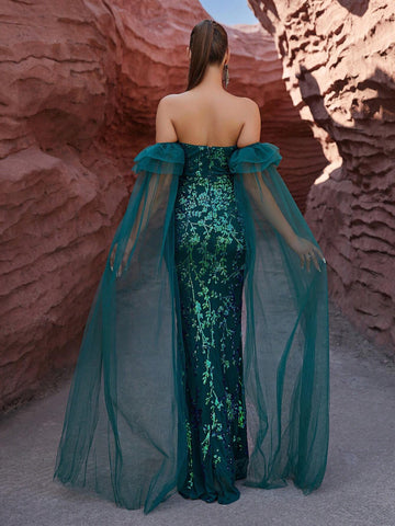 LOVE&LEMONADE One Shoulder Sequin & Mesh Patchwork Mermaid Formal Dress