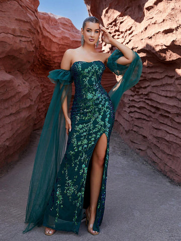 LOVE&LEMONADE One Shoulder Sequin & Mesh Patchwork Mermaid Formal Dress