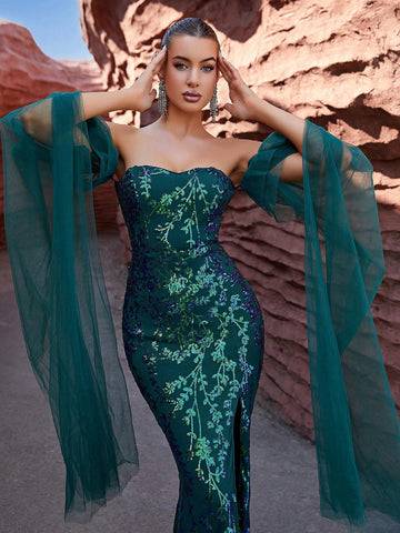 LOVE&LEMONADE One Shoulder Sequin & Mesh Patchwork Mermaid Formal Dress