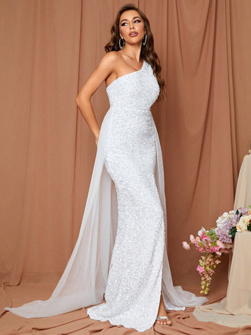 LOVE&LEMONADE One Shoulder Split Thigh Sequin Wedding Dress