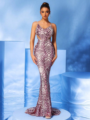 LOVE&LEMONADE Pink Sequined Decor Elegant Women's Formal Dress With Straps