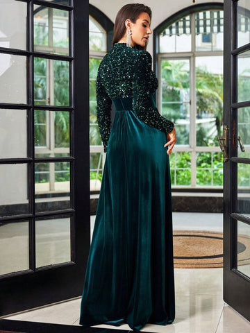 LOVE&LEMONADE Round Neck Long Sleeve Burgundy Cocktail Party Dress