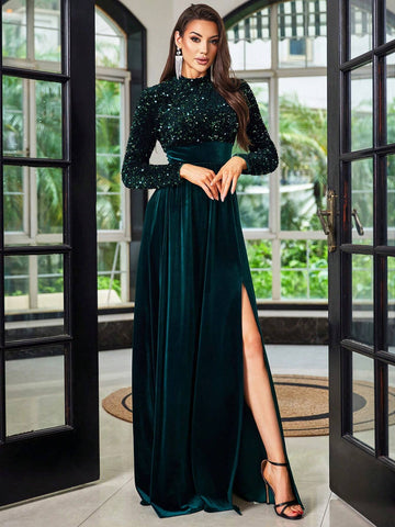 LOVE&LEMONADE Round Neck Long Sleeve Burgundy Cocktail Party Dress