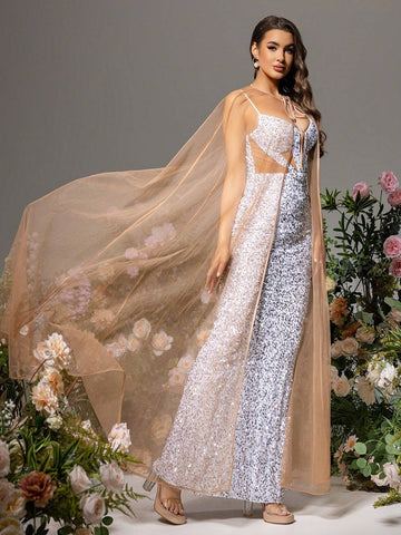 LOVE&LEMONADE Sequin Decor Slim Fit Mermaid Hem Strap Dress, Suitable For Summer