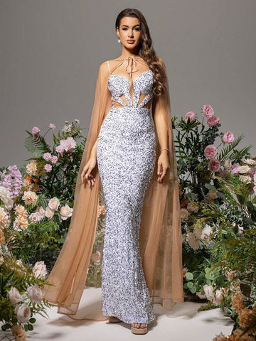 LOVE&LEMONADE Sequin Decor Slim Fit Mermaid Hem Strap Dress, Suitable For Summer