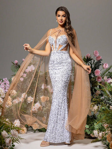 LOVE&LEMONADE Sequin Decor Slim Fit Mermaid Hem Strap Dress, Suitable For Summer