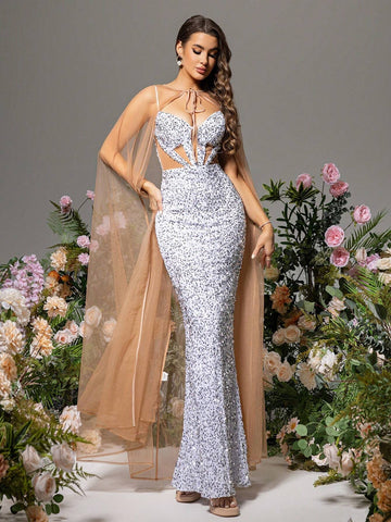 LOVE&LEMONADE Sequin Decor Slim Fit Mermaid Hem Strap Dress, Suitable For Summer