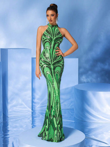 LOVE&LEMONADE Sequin Embroidery Mermaid Bodycon Halter Neck Formal Dress