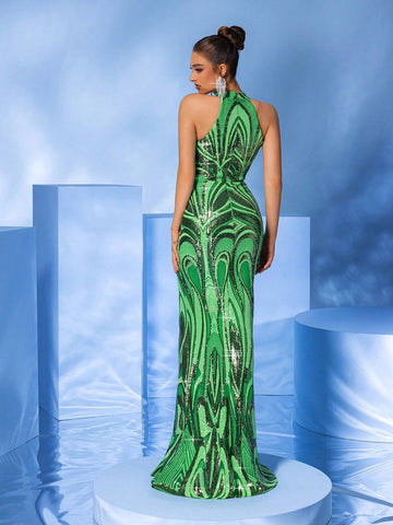 LOVE&LEMONADE Sequin Embroidery Mermaid Bodycon Halter Neck Formal Dress