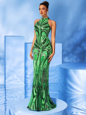 LOVE&LEMONADE Sequin Embroidery Mermaid Bodycon Halter Neck Formal Dress