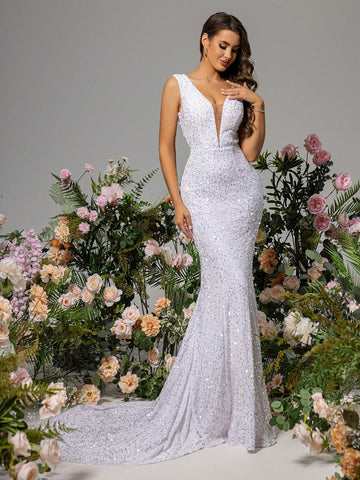 LOVE&LEMONADE Sequined Fishnet Wedding Dress