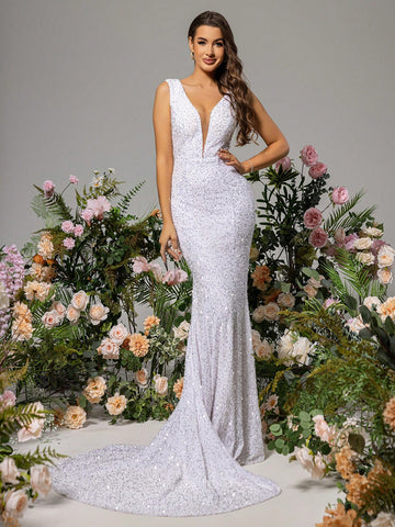 LOVE&LEMONADE Sequined Fishnet Wedding Dress