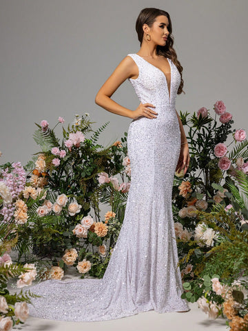 LOVE&LEMONADE Sequined Fishnet Wedding Dress