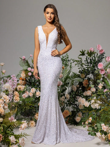 LOVE&LEMONADE Sequined Fishnet Wedding Dress