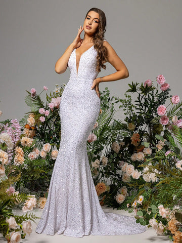 LOVE&LEMONADE Sequined Fishnet Wedding Dress