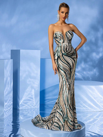LOVE&LEMONADE Sequined Mermaid With Train Strapless Maxi Dress