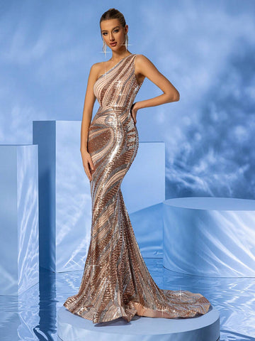 LOVE&LEMONADE Sequined One Shoulder Mermaid Floor Length Evening Gown