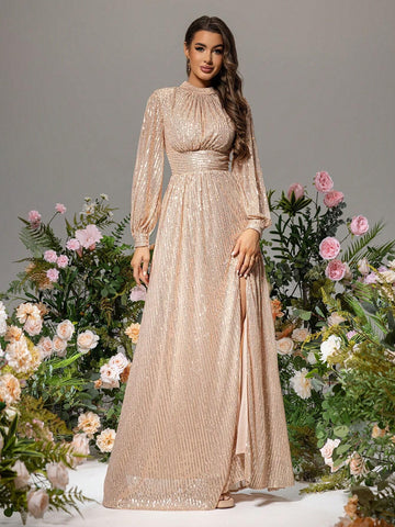 LOVE&LEMONADE Sequined Waist Cinched Loose Fit Evening Party Dress