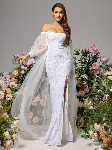 LOVE&LEMONADE Solid Color Side Slit Splice Dress With Off Shoulder