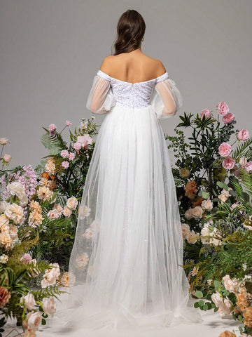 LOVE&LEMONADE Solid Color Side Slit Splice Dress With Off Shoulder