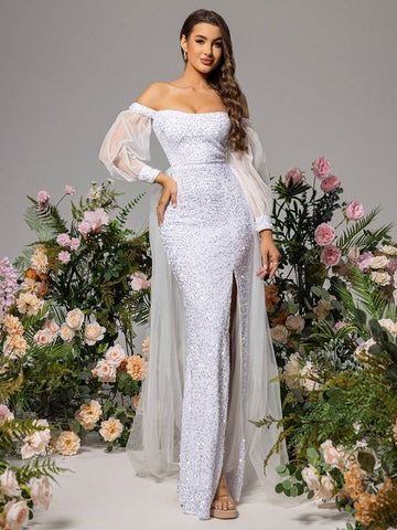 LOVE&LEMONADE Solid Color Side Slit Splice Dress With Off Shoulder