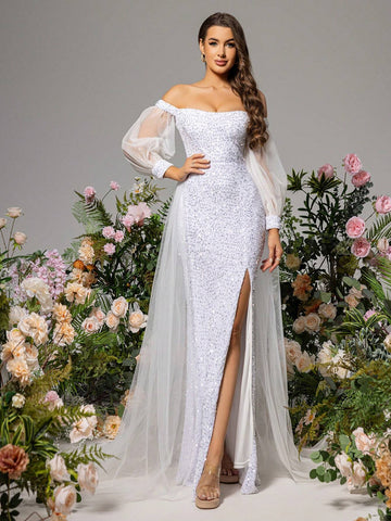 LOVE&LEMONADE Solid Color Side Slit Splice Dress With Off Shoulder