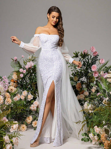 LOVE&LEMONADE Solid Color Side Slit Splice Dress With Off Shoulder