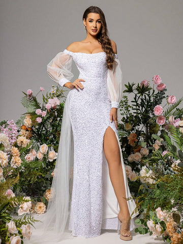 LOVE&LEMONADE Solid Color Side Slit Splice Dress With Off Shoulder