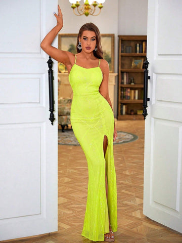LOVE&LEMONADE Solid Color Sleek High Slit Cami Dress With Sequins Detail