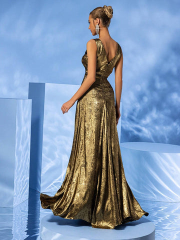 LOVE&LEMONADE V-Necked Solid Color Hollow Out Split Thigh Sleeveless Formal Dress