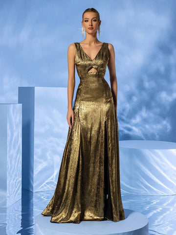 LOVE&LEMONADE V-Necked Solid Color Hollow Out Split Thigh Sleeveless Formal Dress