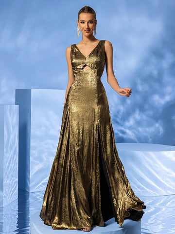 LOVE&LEMONADE V-Necked Solid Color Hollow Out Split Thigh Sleeveless Formal Dress