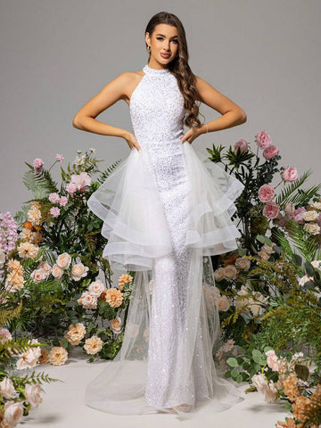LOVE&LEMONADE White Net-Yarn Splice Halter Neck Wedding Dress