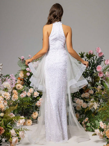 LOVE&LEMONADE White Net-Yarn Splice Halter Neck Wedding Dress