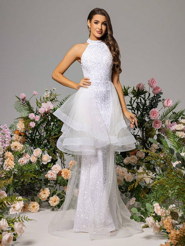LOVE&LEMONADE White Net-Yarn Splice Halter Neck Wedding Dress