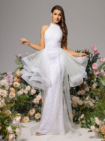 LOVE&LEMONADE White Net-Yarn Splice Halter Neck Wedding Dress