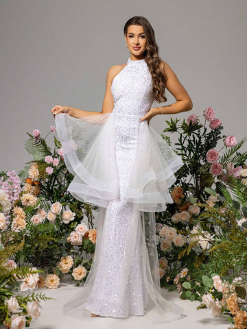 LOVE&LEMONADE White Net-Yarn Splice Halter Neck Wedding Dress