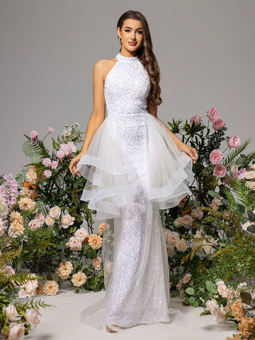 LOVE&LEMONADE White Net-Yarn Splice Halter Neck Wedding Dress