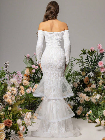 LOVE&LEMONADE White Off-Shoulder Wedding Dress With Mesh Splice & Side Slit