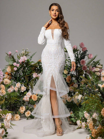 LOVE&LEMONADE White Off-Shoulder Wedding Dress With Mesh Splice & Side Slit