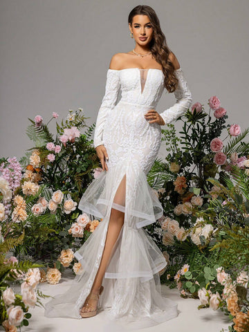 LOVE&LEMONADE White Off-Shoulder Wedding Dress With Mesh Splice & Side Slit