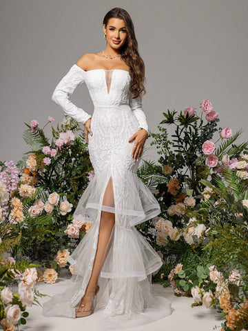 LOVE&LEMONADE White Off-Shoulder Wedding Dress With Mesh Splice & Side Slit