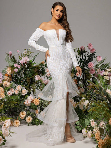 LOVE&LEMONADE White Off-Shoulder Wedding Dress With Mesh Splice & Side Slit